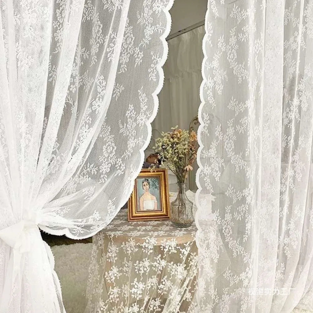 rideau dentelle florale polyester romantique noir blanc ondulé translucide bohème tringle