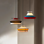 Suspension lumineuse tissu rayures horizontales moderne noir blanc rouge jaune bleu