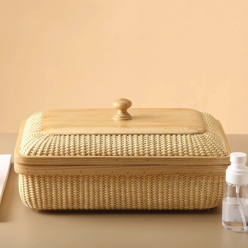 panier rotin tressé beige clair salon cuisine rangement naturel traditionnel respectueux environnement couvercle organisateur