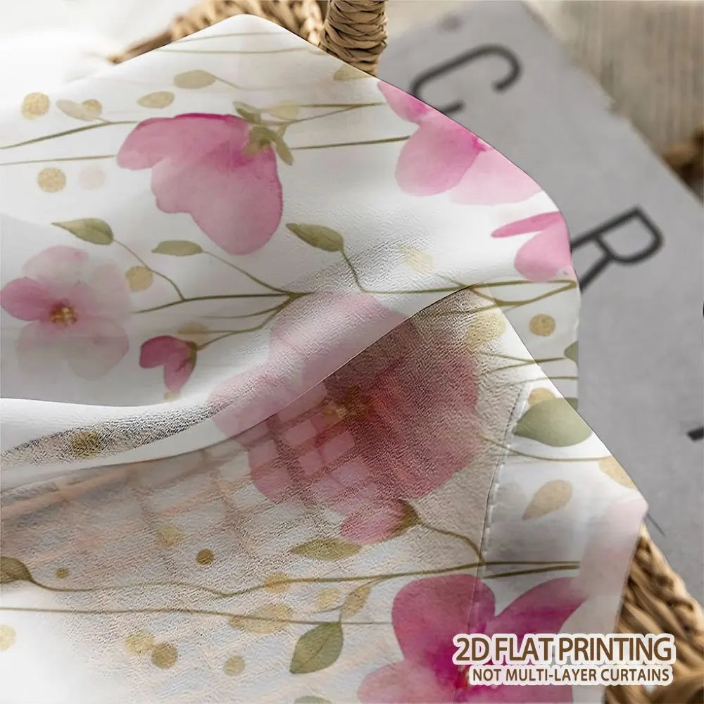 rideau transparent floral rose feuilles vertes moderne blanc doré maison