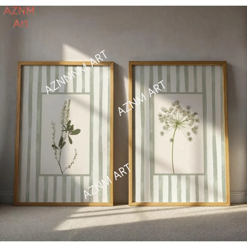 affiche encadrée minimaliste naturel fleurs vertes rayures verticales toile 40x50cm 30x40cm 20x30cm