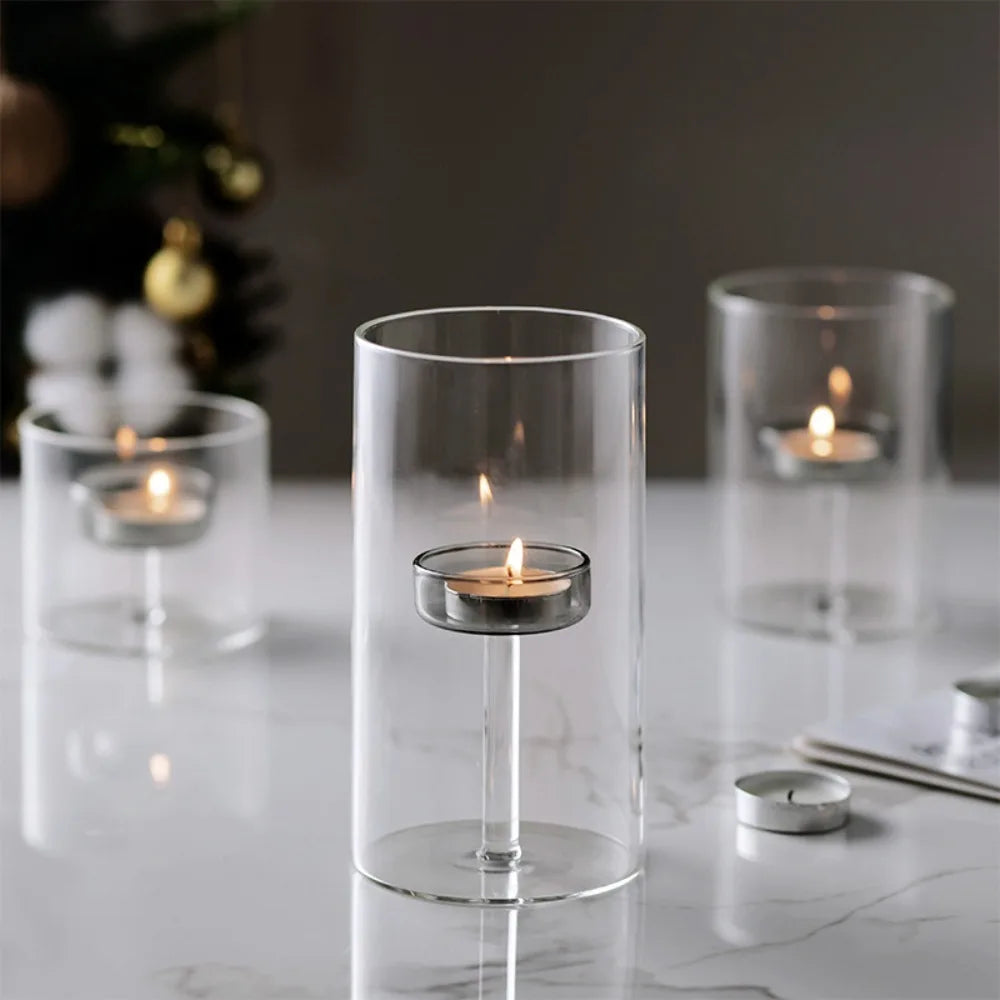 bougeoir transparent moderne bougie parfumée pied central rose minimaliste