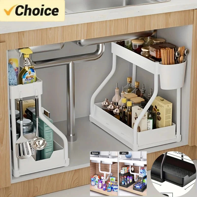 organisateur sous évier blanc rangement tiroir extractible crochets tasse antipoussière durable moderne fonctionnel