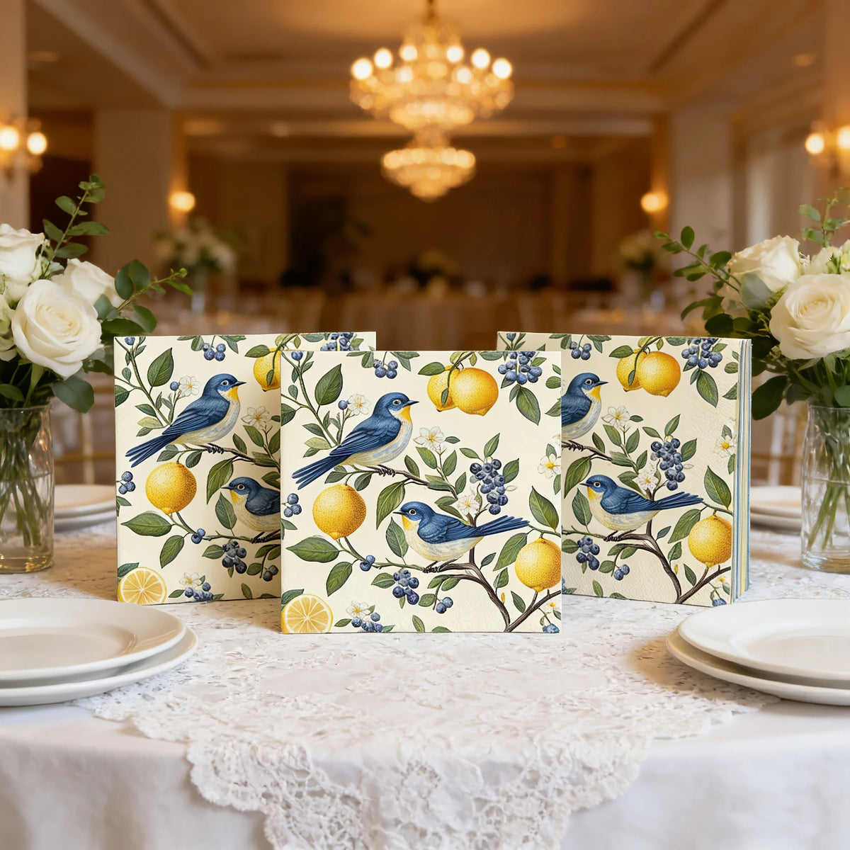 serviettes papier motif oiseaux citrons fleurs bleu jaune vert blanc 20 40 60 pièces