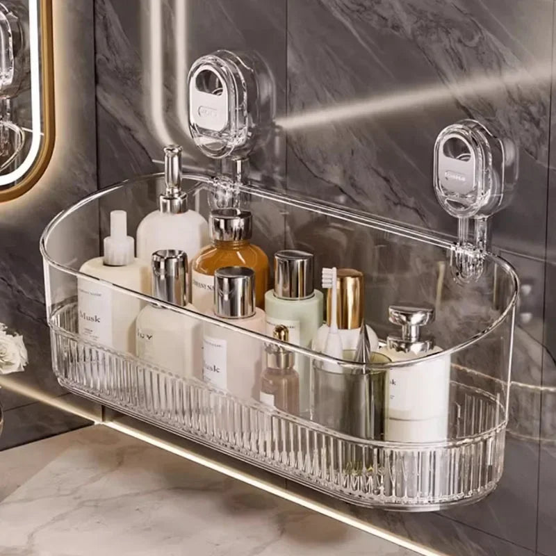 étagère salle bain transparente adhésive murale moderne rangement cosmétiques bouteilles savon textiles