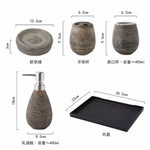ensemble salle bain moderne tissage texture plateau savon brosse dents gobelet distributeur liquide beige
