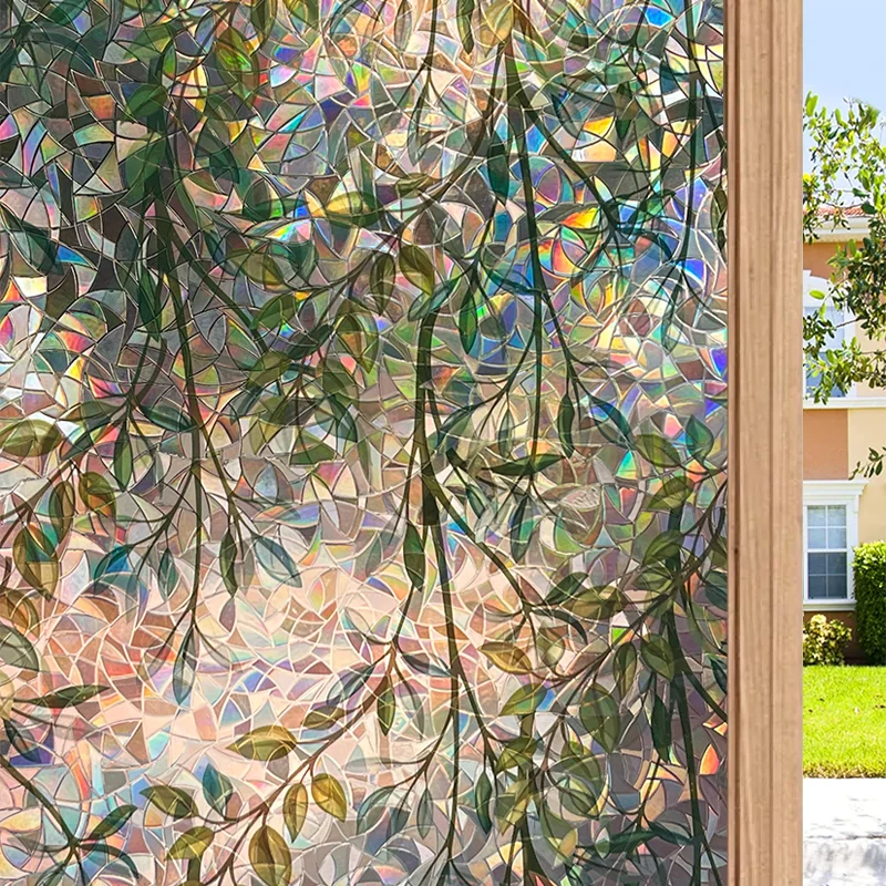 film décoratif fenêtre feuilles vertes motif géométrique moderne protection uv isolation thermique adhésif transparent