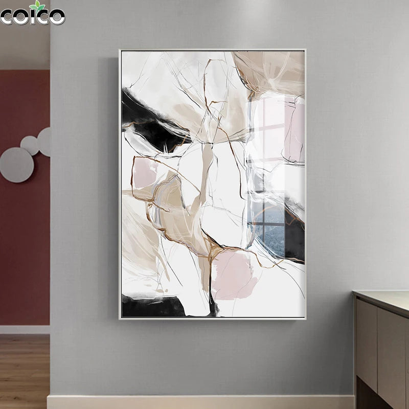 peinture abstraite toile miroir encadré contemporain decoration mur rose pale geometrique minimaliste