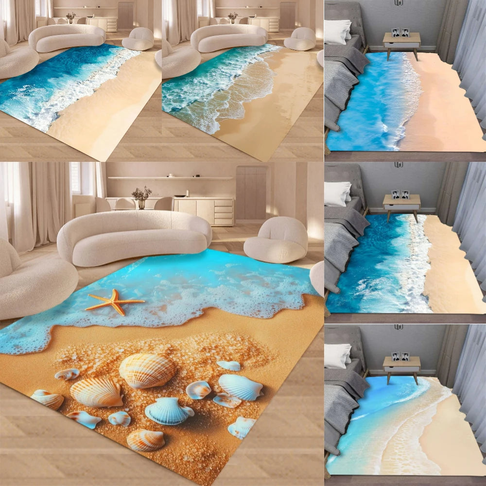 tapis salon moderne motif coquillage mer bleu beige décoratif intérieur maison chambre salon