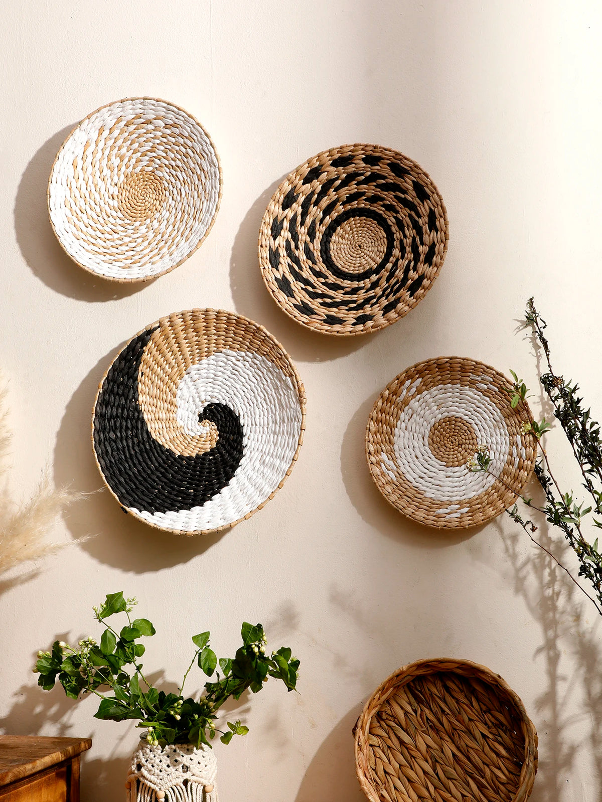 décoration murale bohème panier tressé beige noir blanche artisanale pastoral ethnique