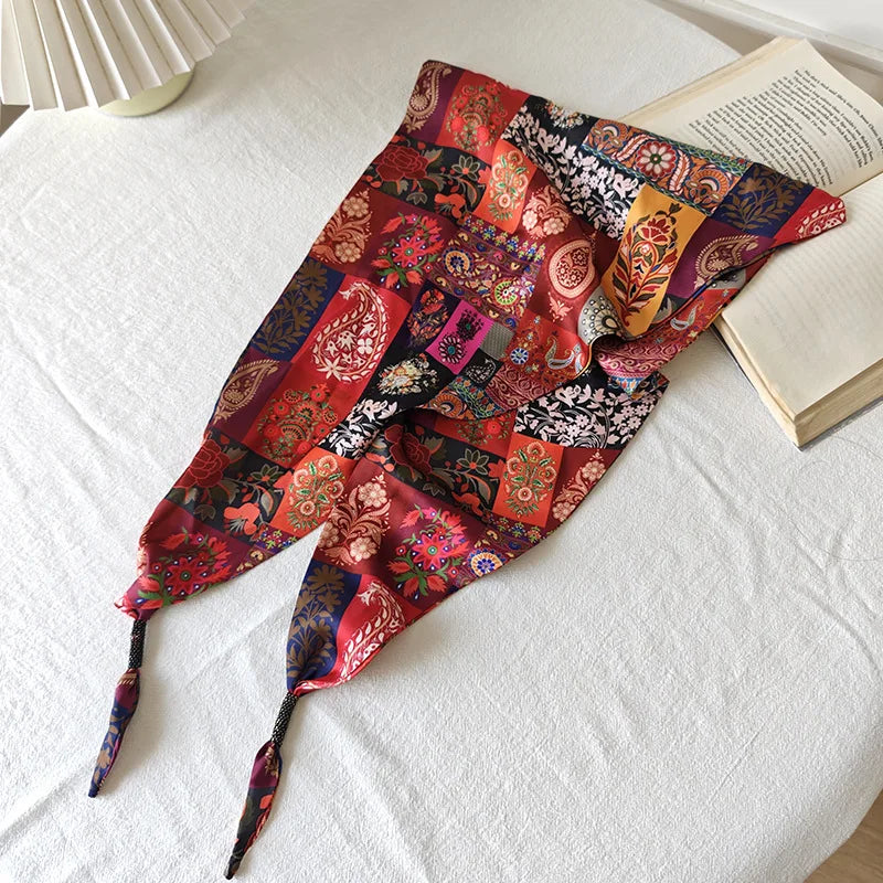 foulard femme soie motif floral patchwork boho chic accessoire tête cou taille