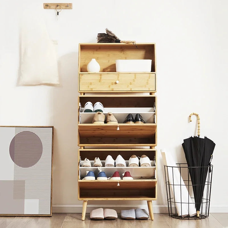 organisateur porte chaussures minimaliste moderne bambou tiroirs étagères inclinables multifonctionnels