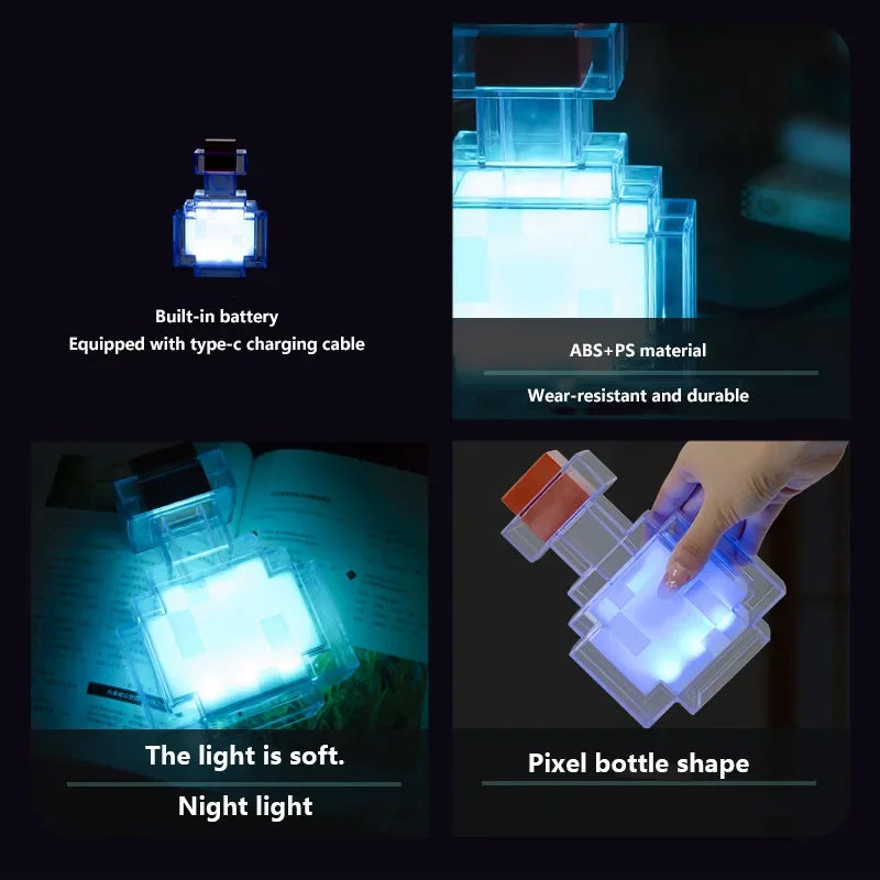 bouteille médicament led rechargeable pixel art contemporain transparent rouge bleu table chambre