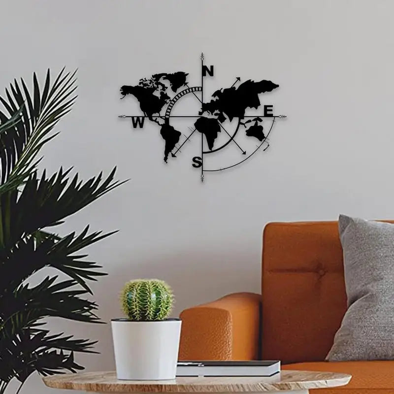 horloge murale carte monde noir flèches moderne sans fixation 39x29cm