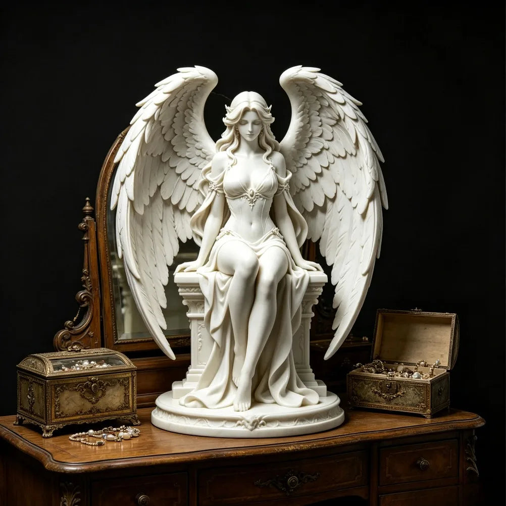 statue ange féminin résine blanc détails sculpturaux classique plumes ailes décoration chambre bibliothèque
