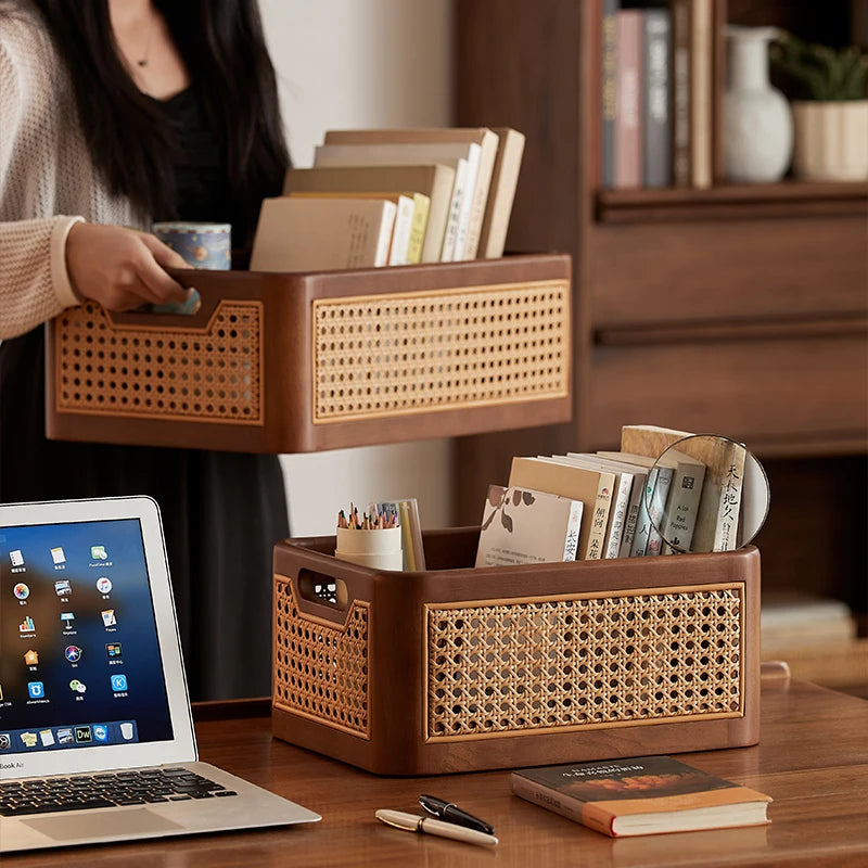 panier rangement marron clair rattan géométrique poignées moderne rustique