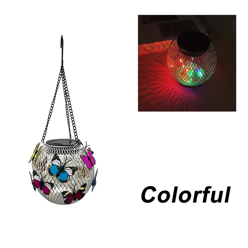 Lanterne solaire suspendue moderne papillons colorés chaîne métallique filet transparent patio jardinextérieur
