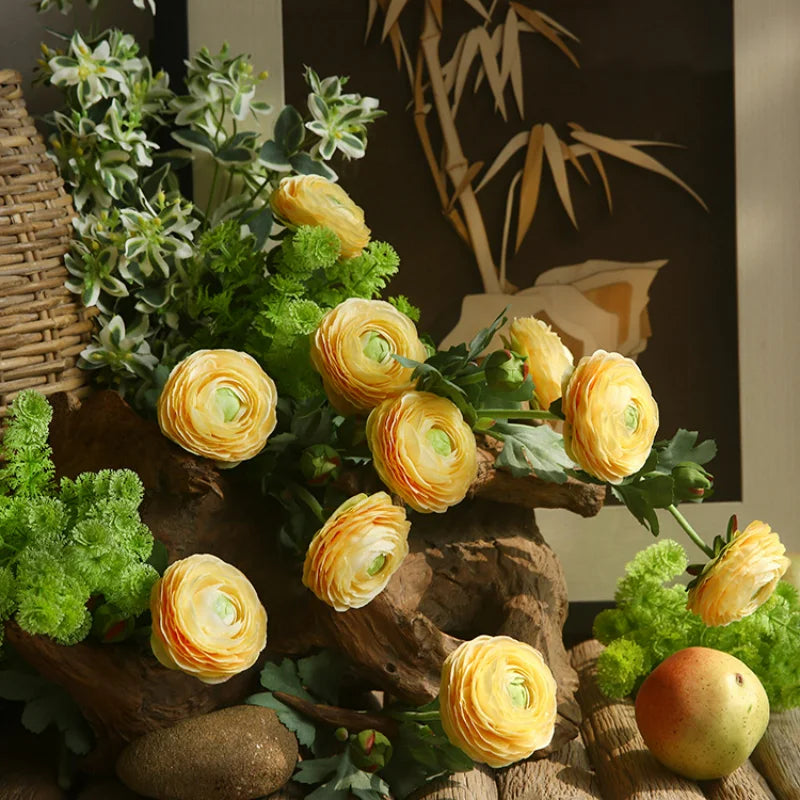 décoration intérieure ranunculus artificiels fleurs soie multicolore blanc crème jaune rouge salon maison