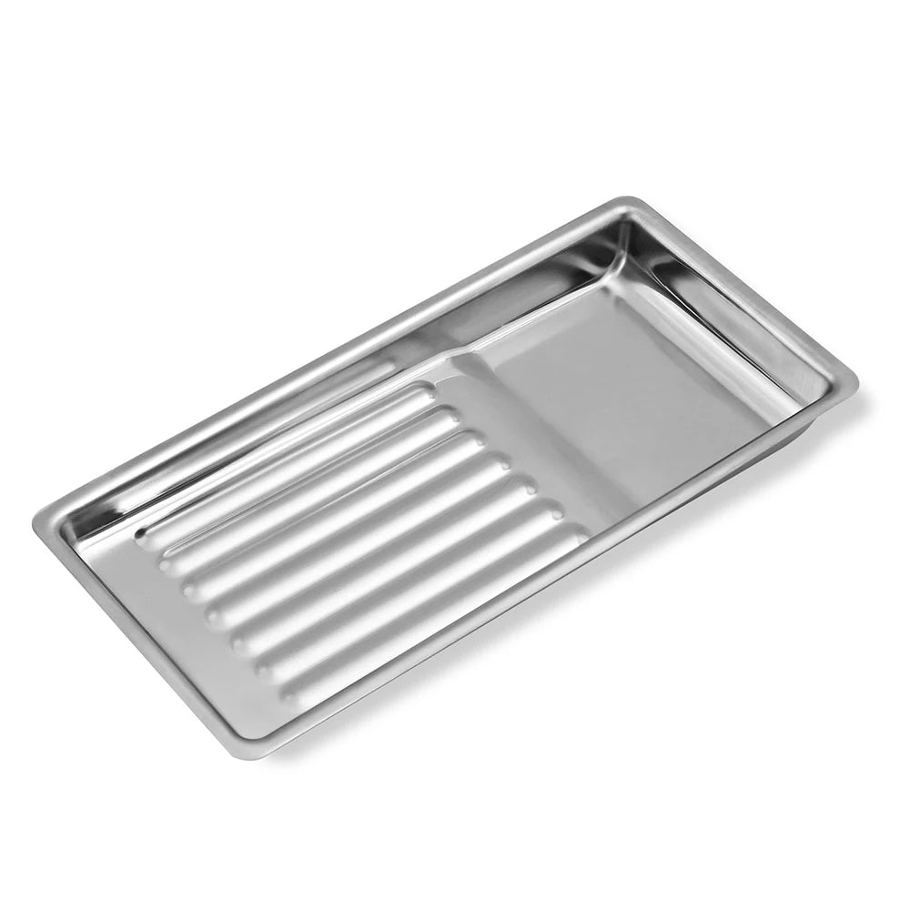 plateau acier inoxydable argenté rainuré instruments manucure professionnel storage tray cosmetic organizer
