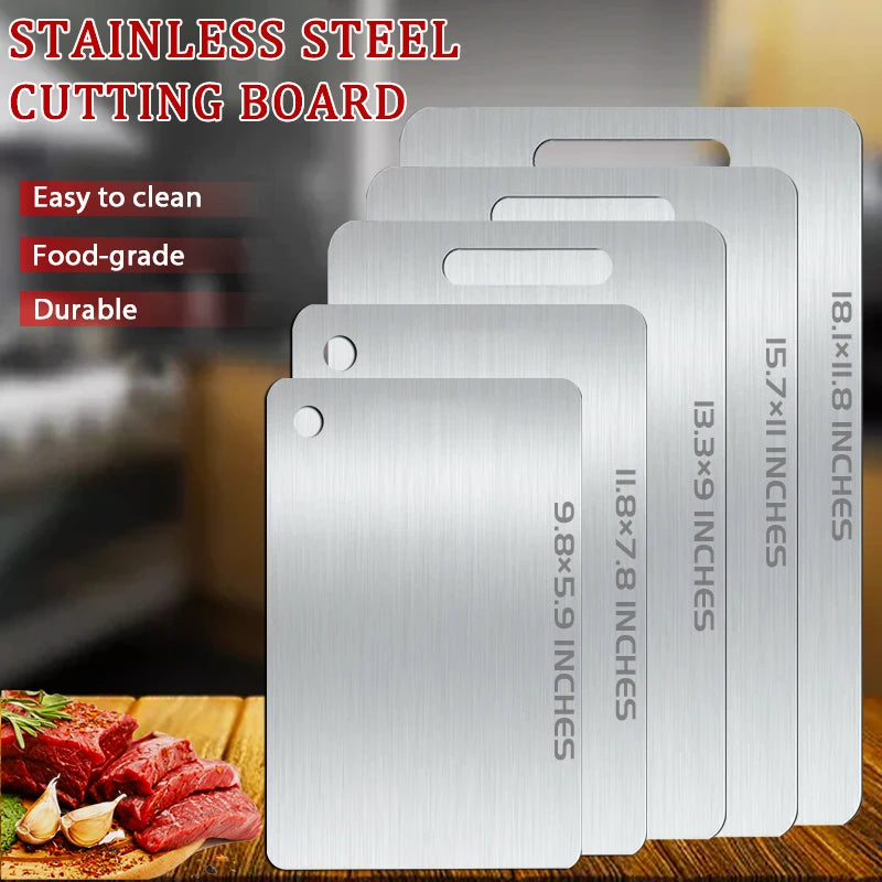 planche découper acier inoxydable lisse moderne poignées intégrées argenté utilitaire double face qualité alimentaire