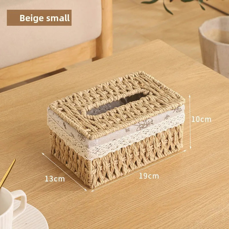 boîte mouchoirs tissu floral paille rustique beige marron salon salle bain amovible tissu large