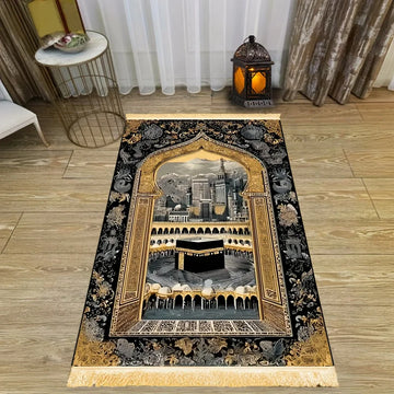 tapis prière rétro noir doré mosquée ornements floral polyester résistant décoloration usage multipleextérieurintérieur