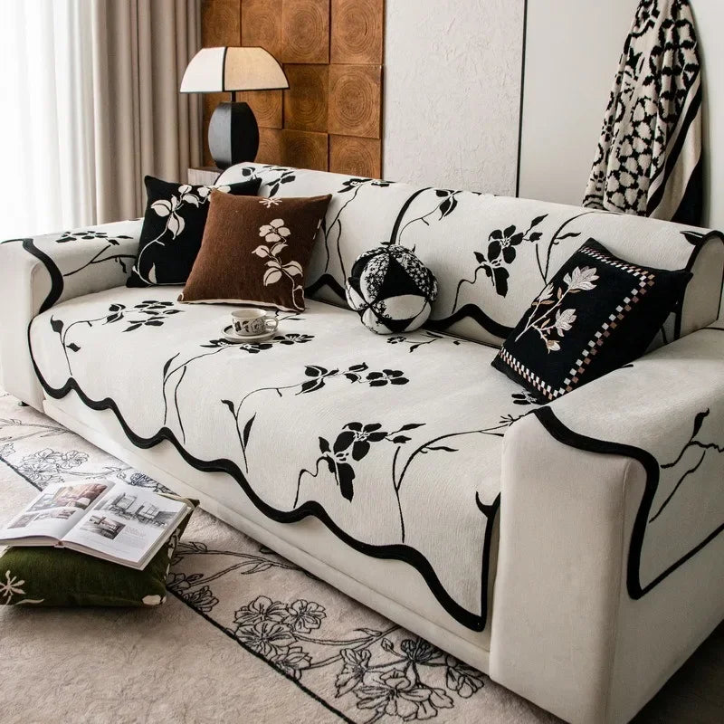 housse canapé chenille fleurs beige marron noir vert salon coussin décoratif moderne antidérapant universel