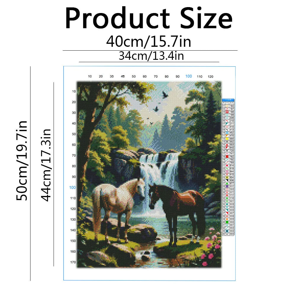 kit broderie point croix chevaux cascade forêt tissu coton fils multicolores débutants toile imprimée