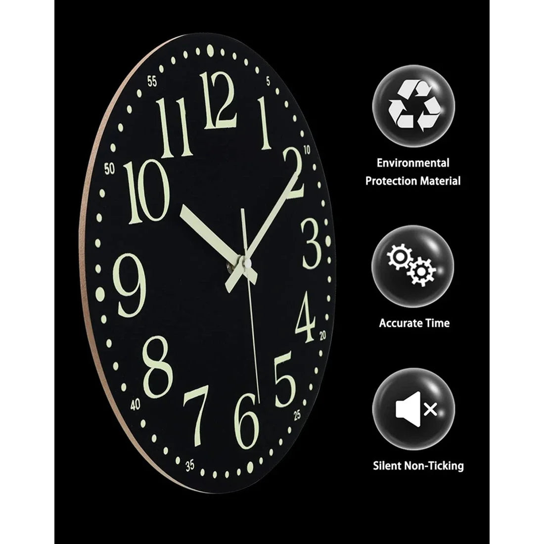 horloge murale moderne aiguille noir vert luminescent points decoration mdf chambre coucher