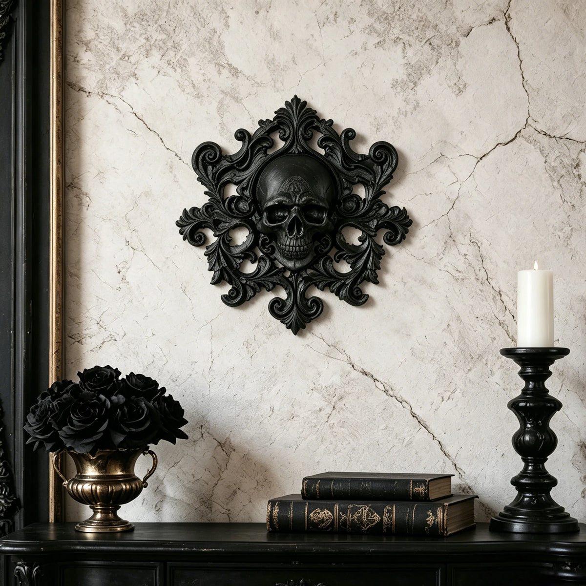 décoration murale noir crâne floral baroque ornements vintage gothique