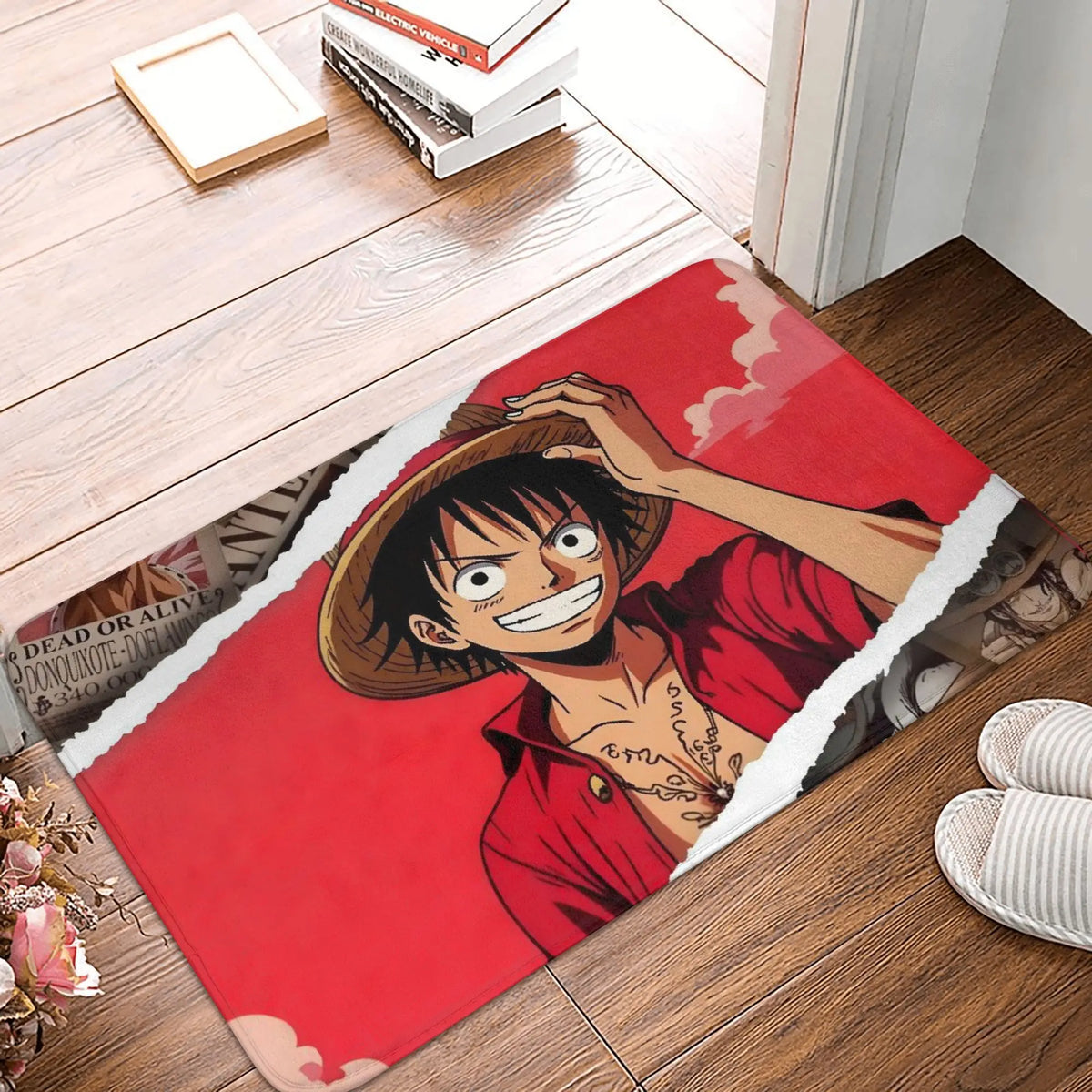 tapis sol antidérapant one piece zoro épées croisées moderne vert noir blanc
