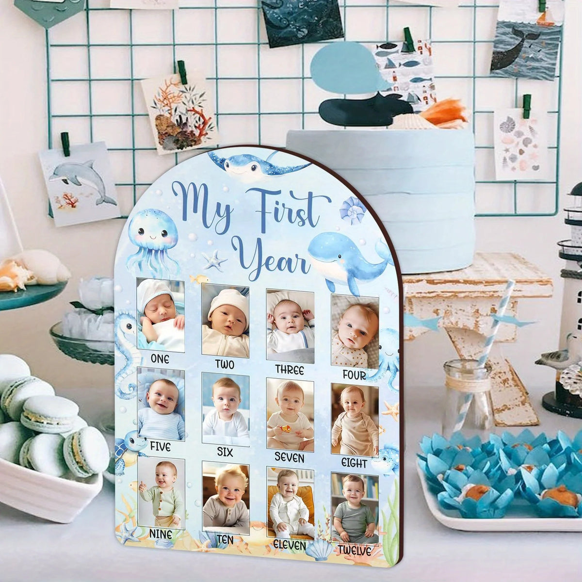 tableau photo bébé motif marin dauphins poissons coquillages étoiles mer bleu blanc beige opaque