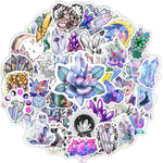 sticker illustration artistique violet bleu blanc fleurs lunes géométrique adhésif transparent portable téléphone ordinateur