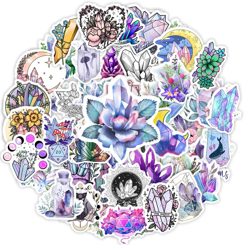 sticker illustration artistique violet bleu blanc fleurs lunes géométrique adhésif transparent portable téléphone ordinateur