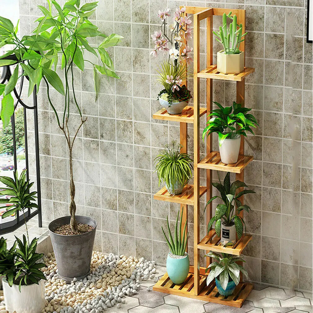 étagère plantes bois bambou niveaux moderne minimaliste assemblageintérieurextérieur vis fixation pots dangle affichage