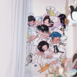 tapisserie murale dessin animé personnages chats floraux blanc bleu rose jaune vert clips magnétiques