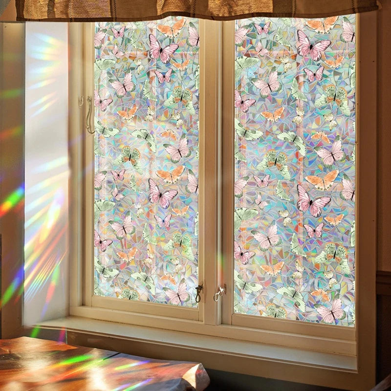 film vitrail fleurs papillons adhésif multicolore décoratif fenêtre opacité artiste