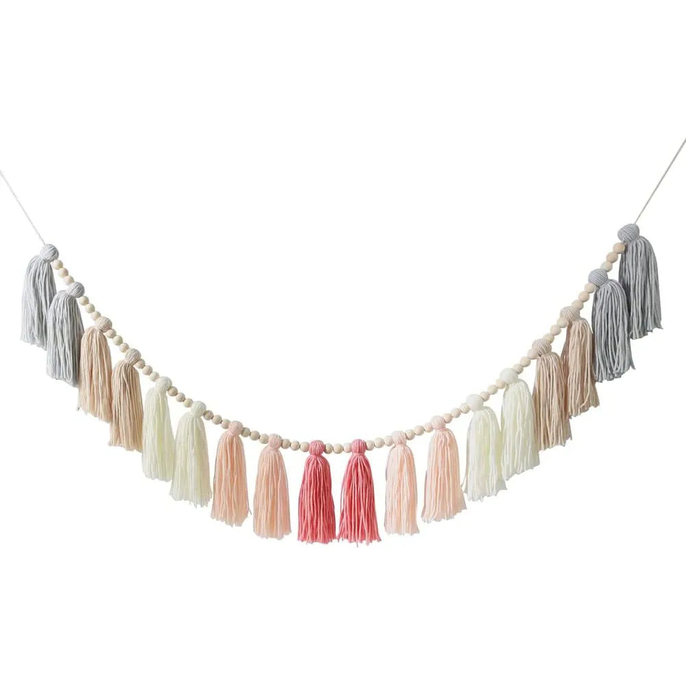 guirlande pompons boho beige marron gris rose vert bleu clair tissu 110cm chambre enfant