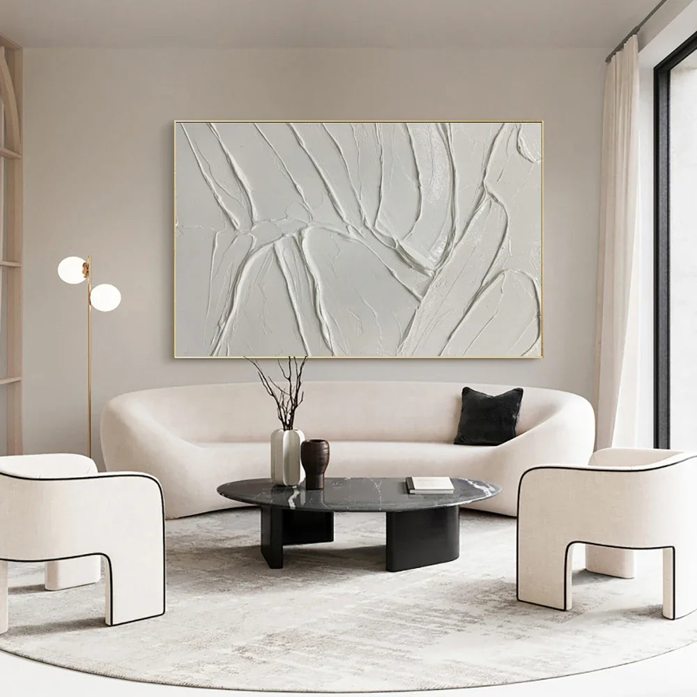 tableau moderne abstrait lignes ondulées blanc gris clair décoration intérieure sans cadre contemporain horizontal