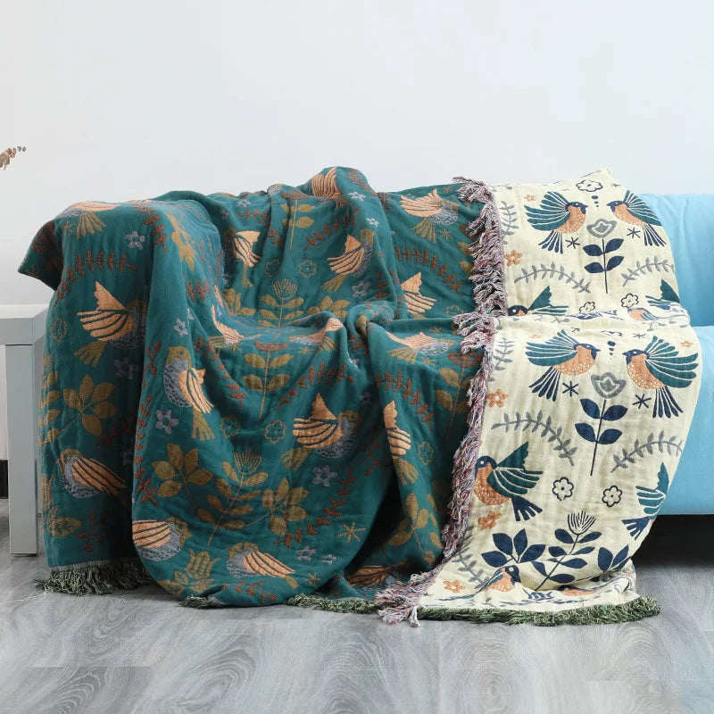 couverture coton fleur oiseaux vert beige marron gris portable anti boulochage hiver traditionnelle