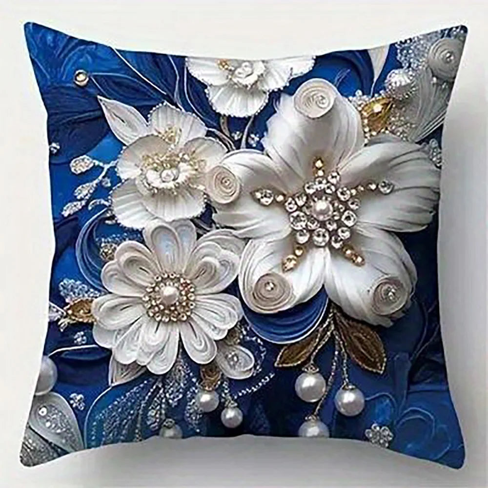 coussin élégant bleu fleurs dorées classique 45x45cm polyester casa chambre decoration