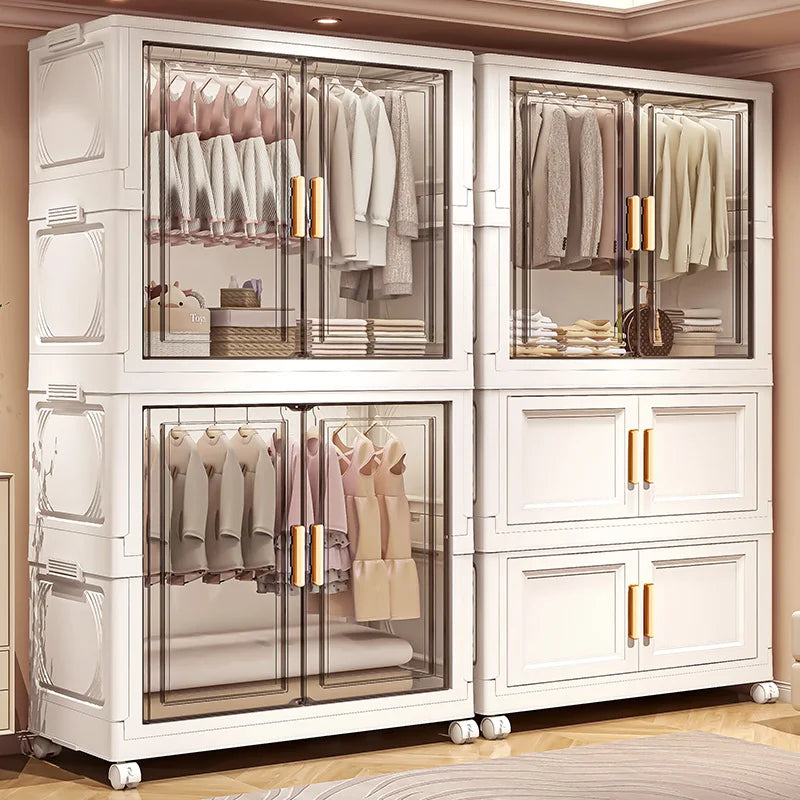 armoire vêtements pliante blanche tiroirs roulettes rangement chambre classique blanc transparent dorées