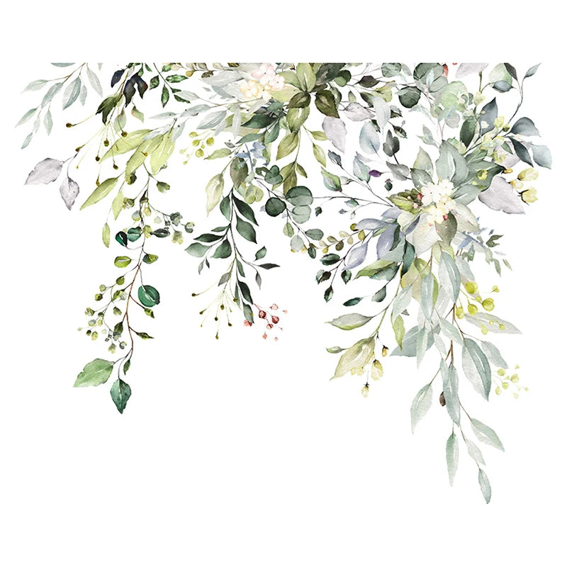 autocollant floral décoration salle bain toilettes feuilles fleurs branches aquarelle vert blanc jaune gris