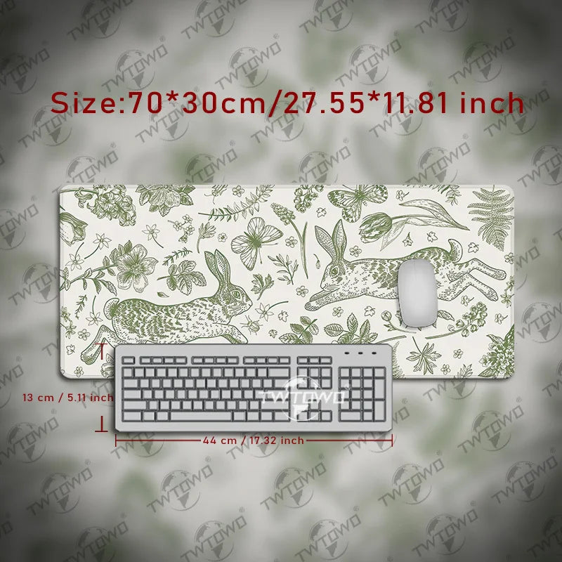tapis souris lapin vert fleurs graphique adhésif grande taille gamer blanc naturel