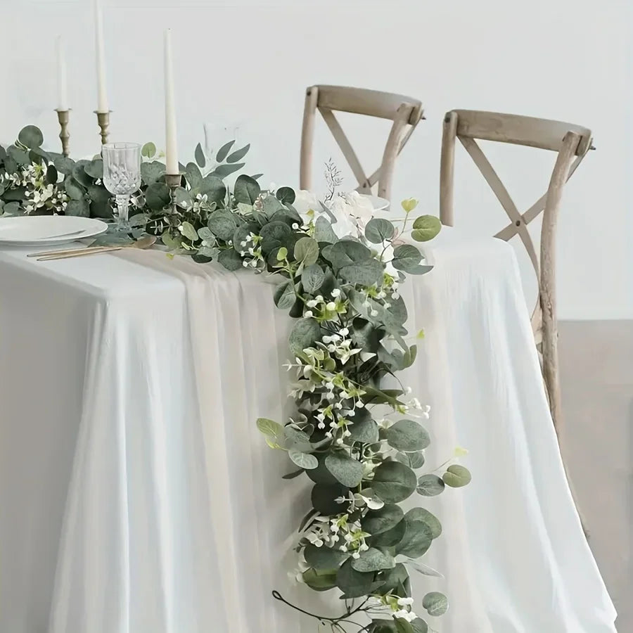 guirlande décorative eucalyptus feuilles fleurs blanches extérieur anniversaire bohème 2m coloré