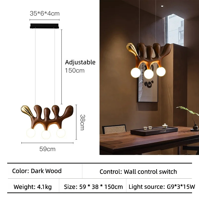 Suspension lumineuse contemporaine bois marron clair doré noir trois ampoules blanches salon restaurant chambre