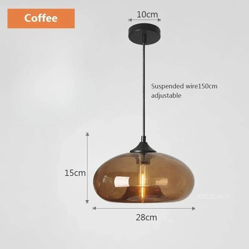 Suspension lumineuse verre soufflé moderne couleur transparent brun rouge bleu ampoule filament câble noir