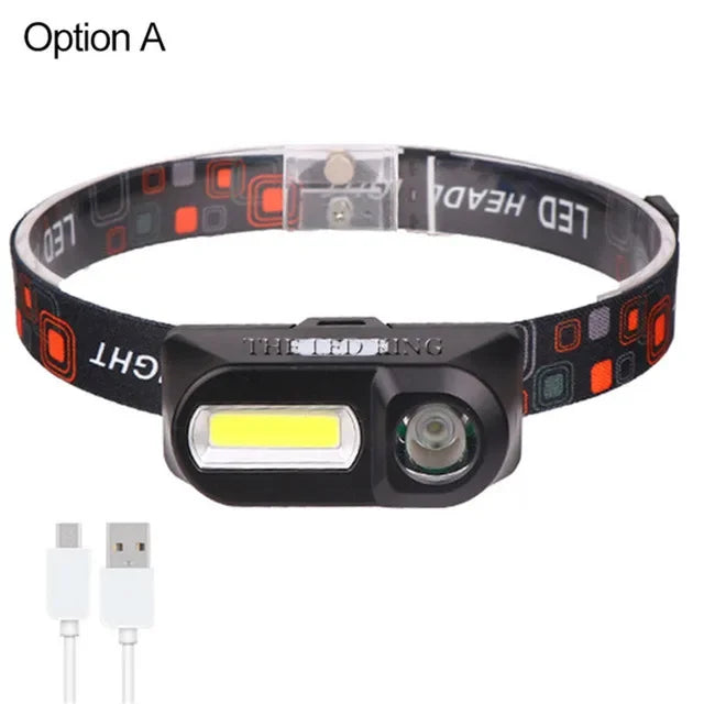 lampe frontale led noire blanc imprimée géométrique 1800lm modes aimant porte câble intégré camping