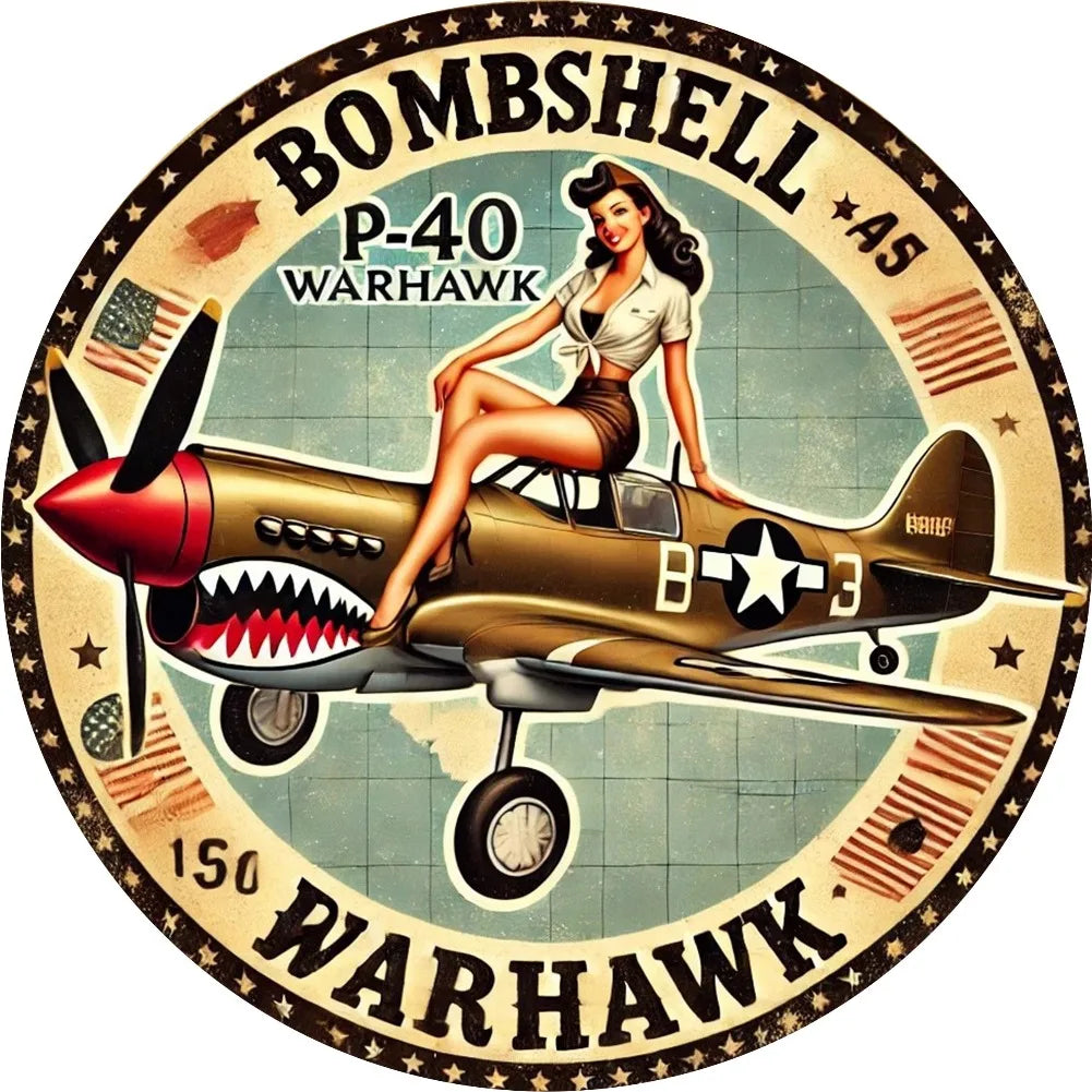 plaque métallique décoration murale rétro avion combat 40 warhawk pin up militaire geometrique flags