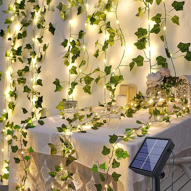 guirlande solaire imperméable feuilles vertes lumières blanches 10m 5m 2m moderne décoration extérieure noël